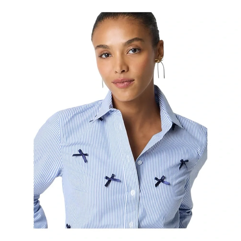 NWT! J. Crew Navy Striped Bow Button-Up Shirt in Color Banker Stripe Size Medium - Picture 4 of 8